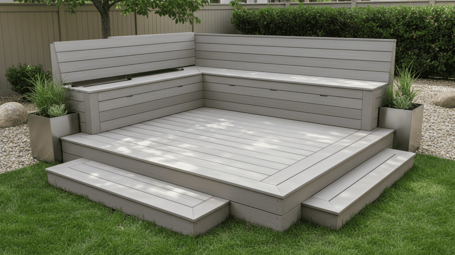 small composite deck with built in bench seating hidden storage and simple backyard layout