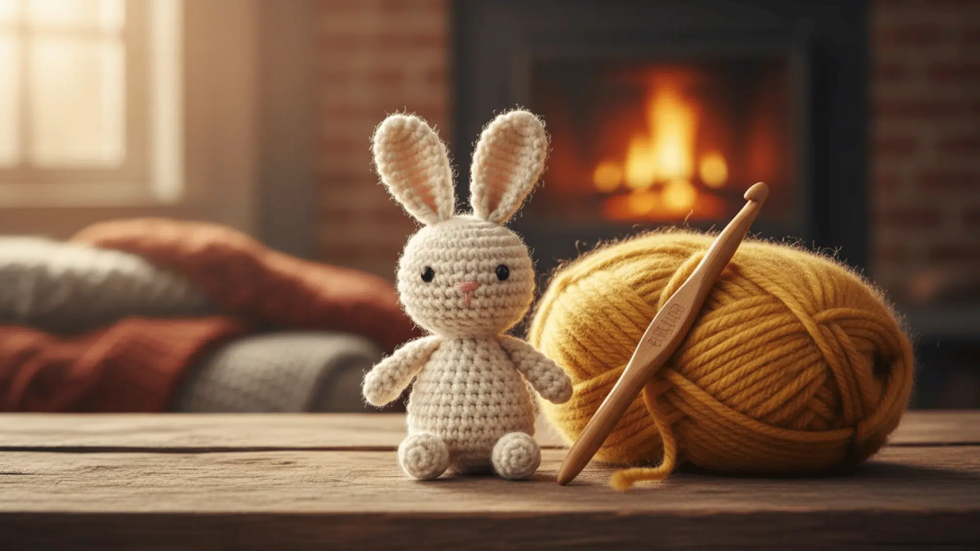 small crocheted amigurumi bunny on a wood surface beside yarn and a crochet hook