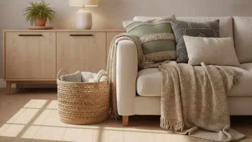 Cozy living room with textured pillows, knit throw on beige sofa, wicker basket, wooden sideboard