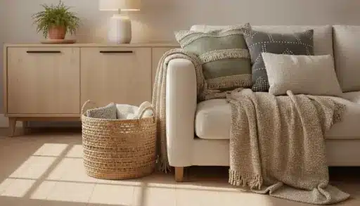 Cozy living room with textured pillows, knit throw on beige sofa, wicker basket, wooden sideboard