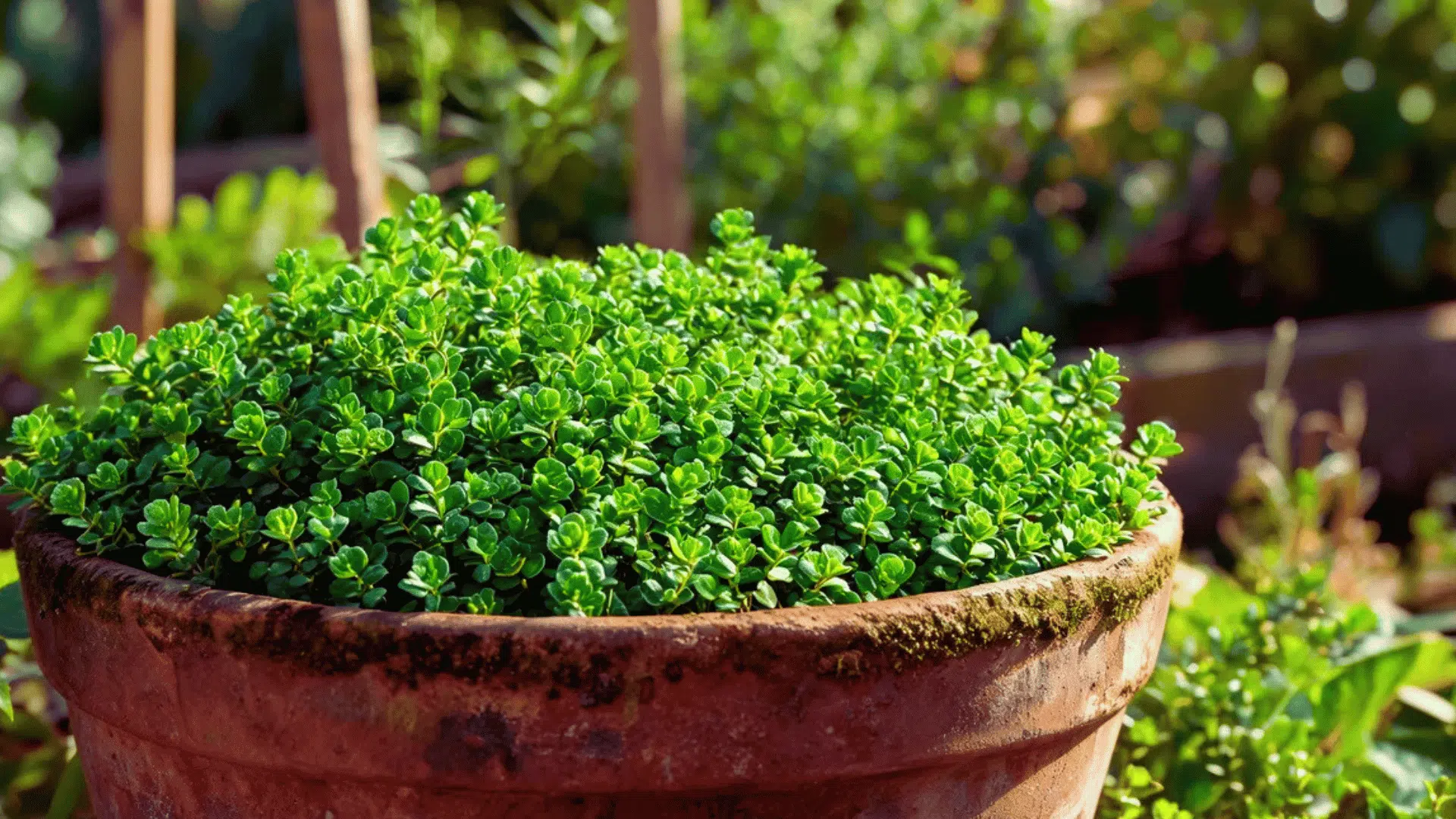 small green thyme plant growing in a weathered clay pot in a sunny garden