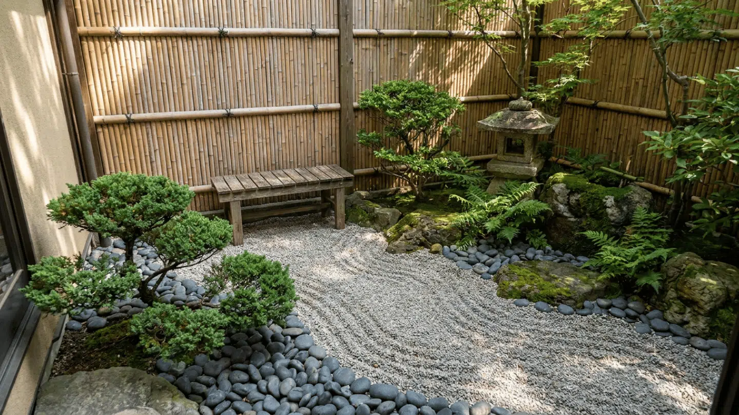 small japanese zen garden with raked gravel bonsai trees stone lantern and wooden bench beside bamboo fence