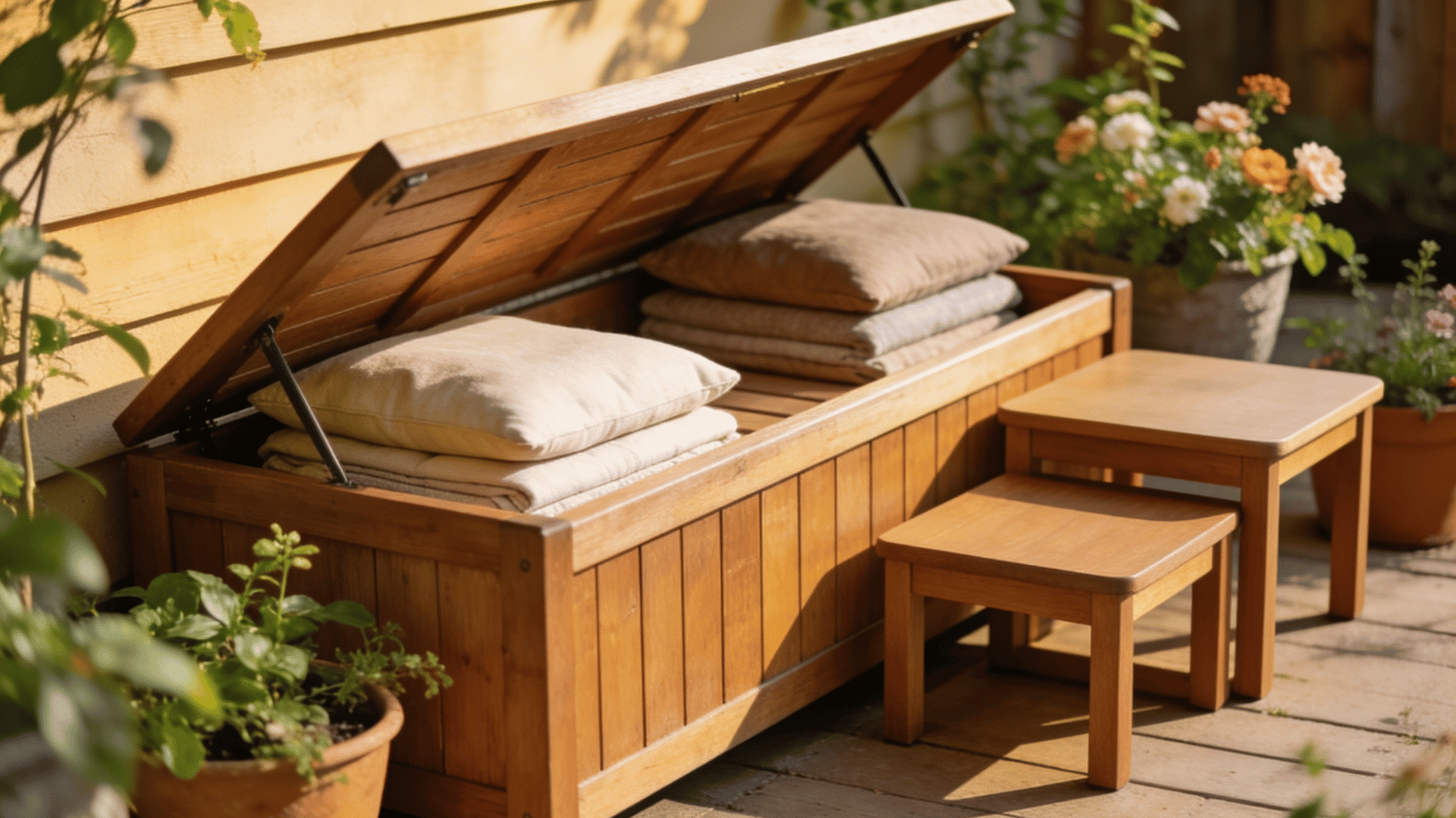 small patio featuring storage bench and multifunction furniture for organized outdoor living