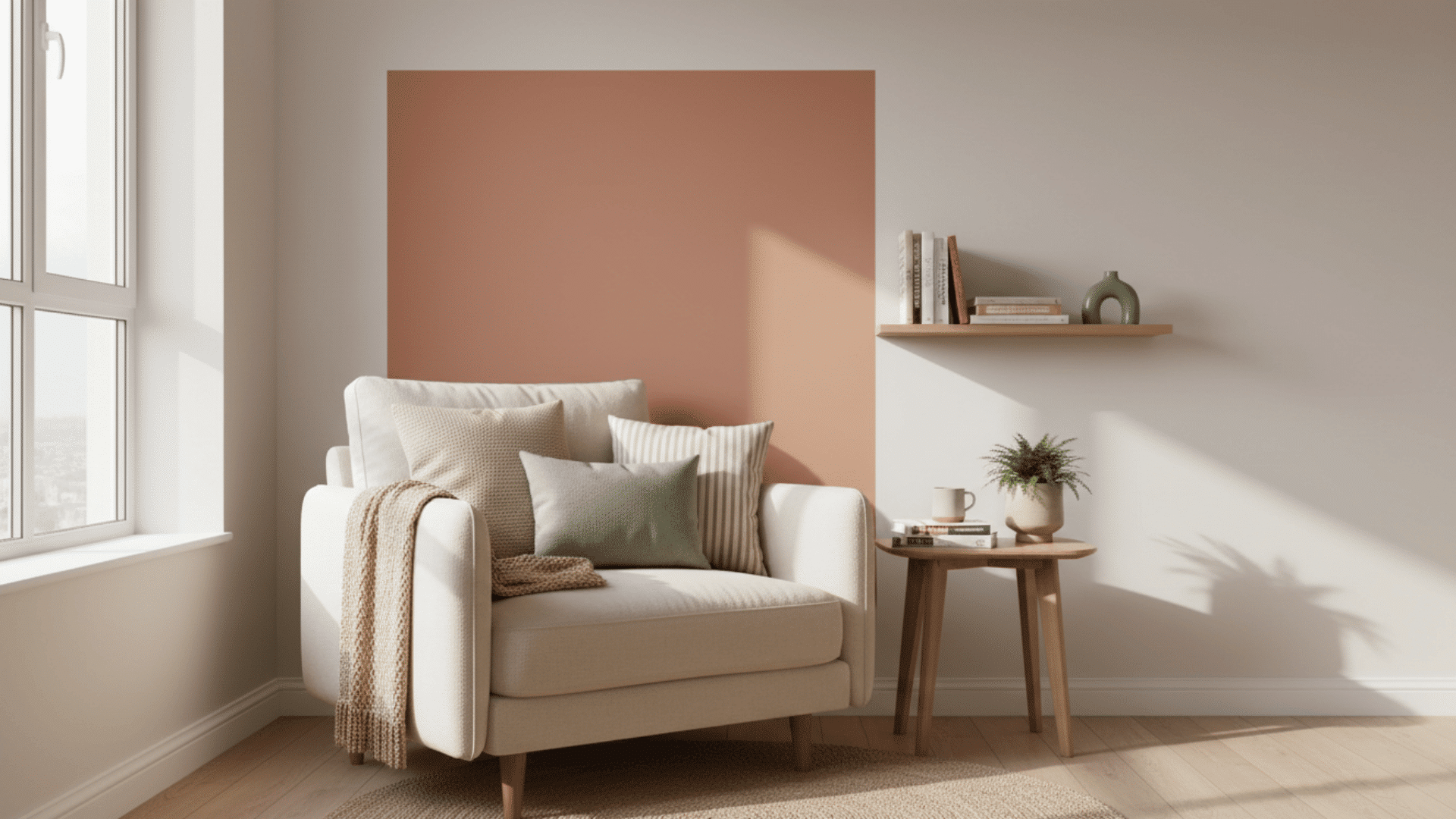 small reading corner with terracotta color blocked wall cozy chair books and warm lighting
