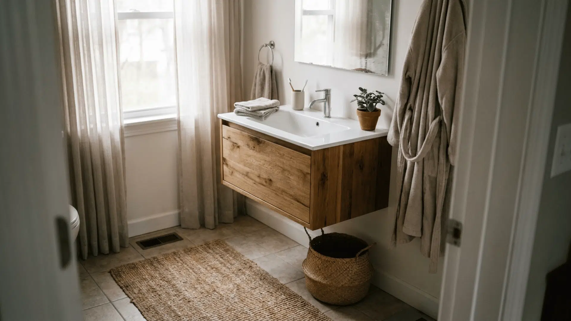 small wall mounted floating wood vanity in a tight bathroom with open floor space underneath