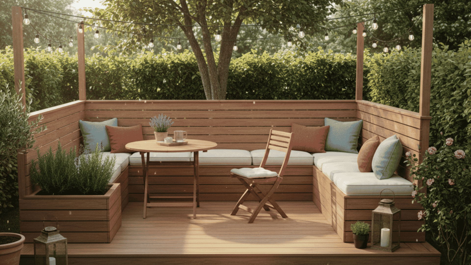 small wooden garden deck with bench seating cushions string lights table plants and hedge privacy
