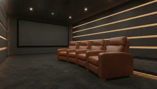 Home theater with brown leather recliners facing large screen in dimly lit room