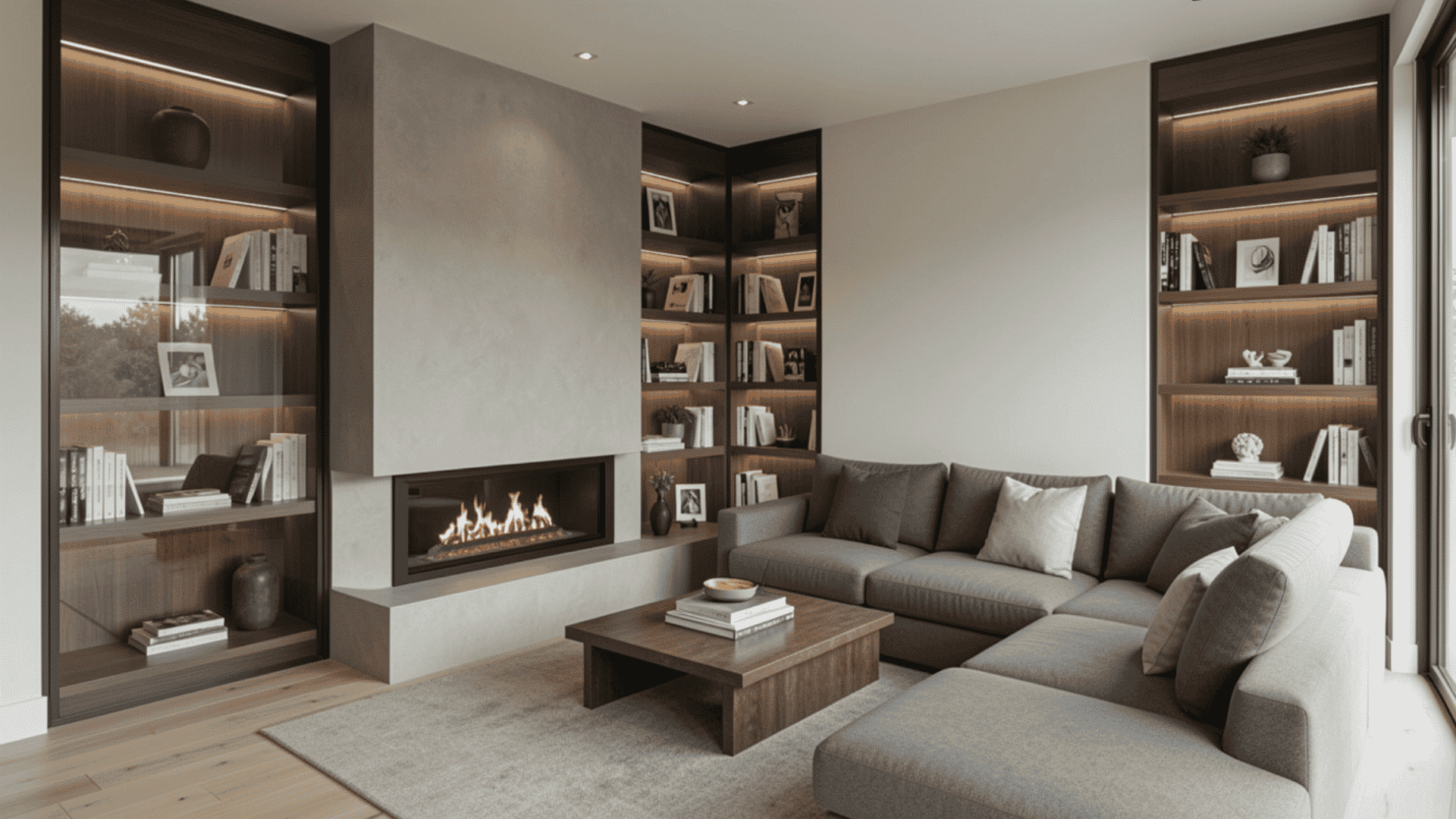 smooth arched plaster fireplace in a warm cream finish with an arched opening backlit by warm led strip lighting holding a wood burning fire beside a cream sofa and a small wooden coffee table
