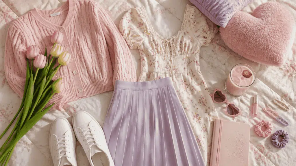 soft girl aesthetic with pastel cardigan pleated skirt heart accessories and cozy feminine styling