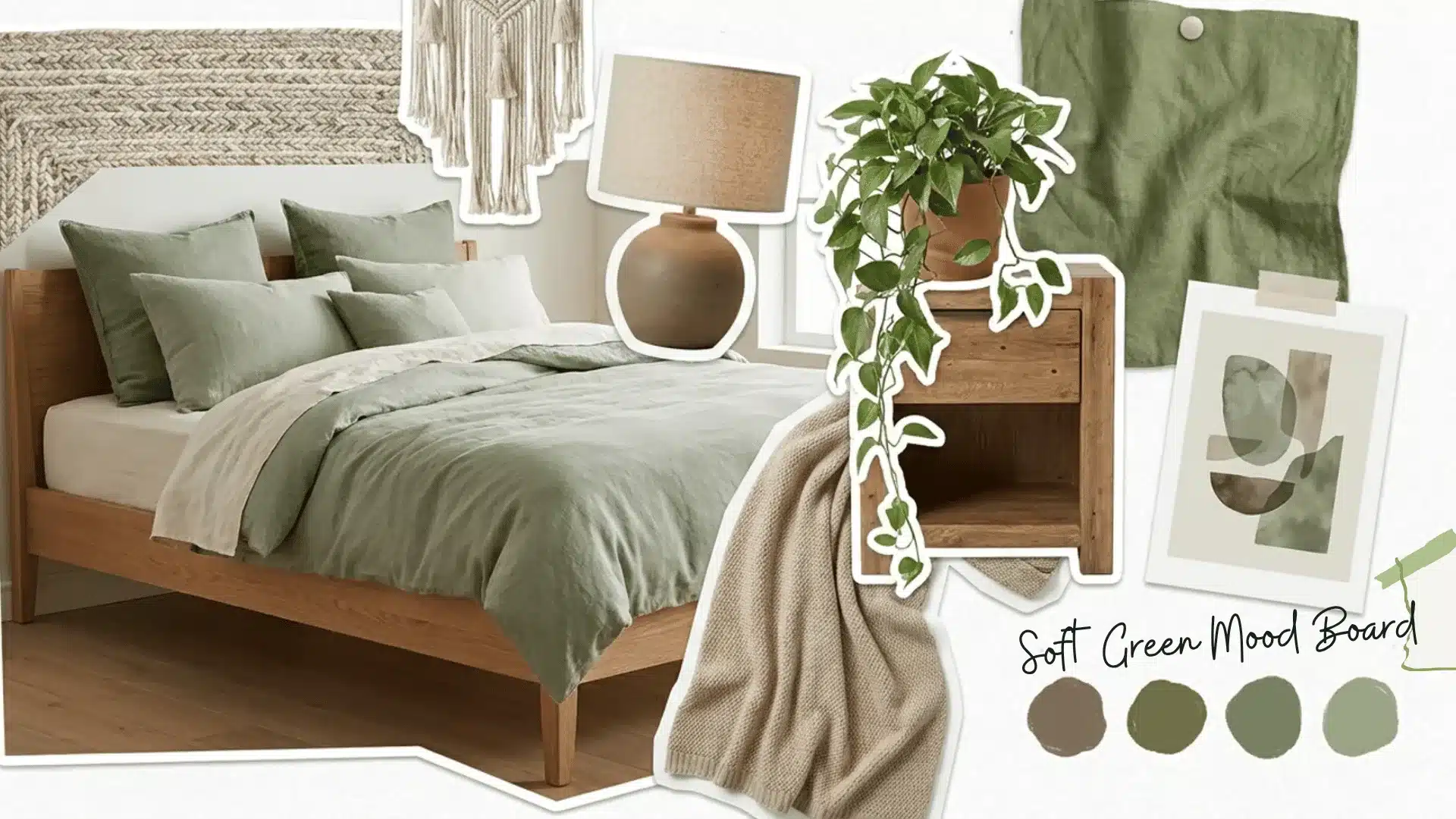 soft green bedroom mood board with mushroom walls sage pillows oak bed wool rug ceramic lamp and plant