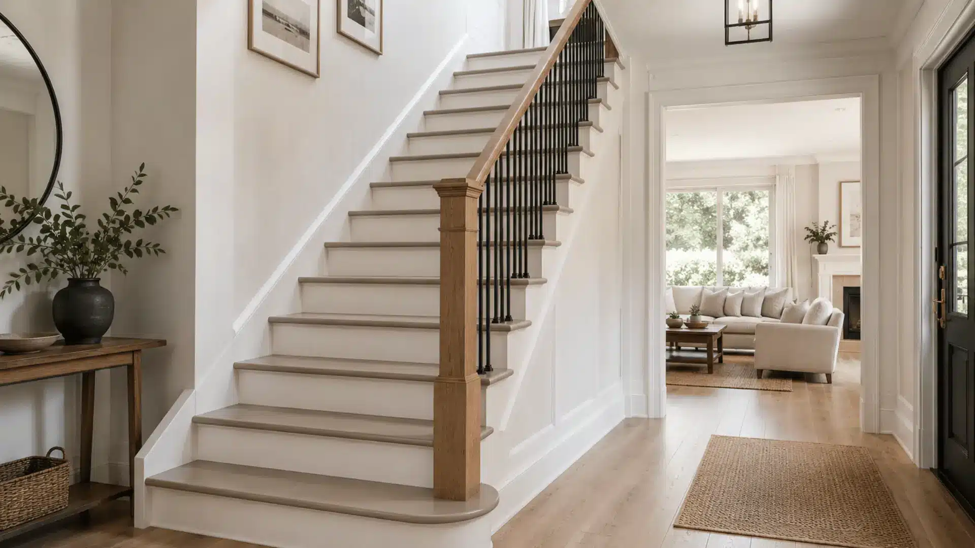 soft neutral painted stairs with greige treads beige risers and natural wood railing