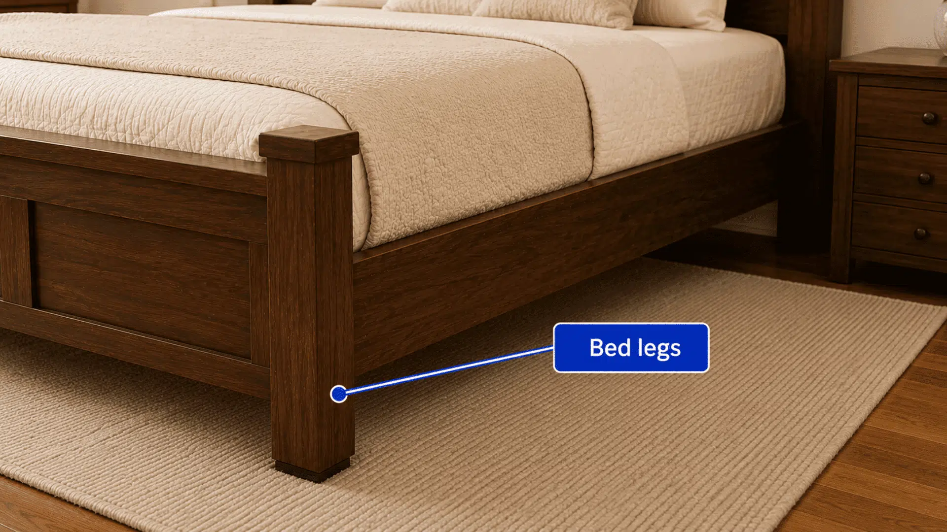 solid wooden bed leg supporting the frame above a textured rug in a warm bedroom interior