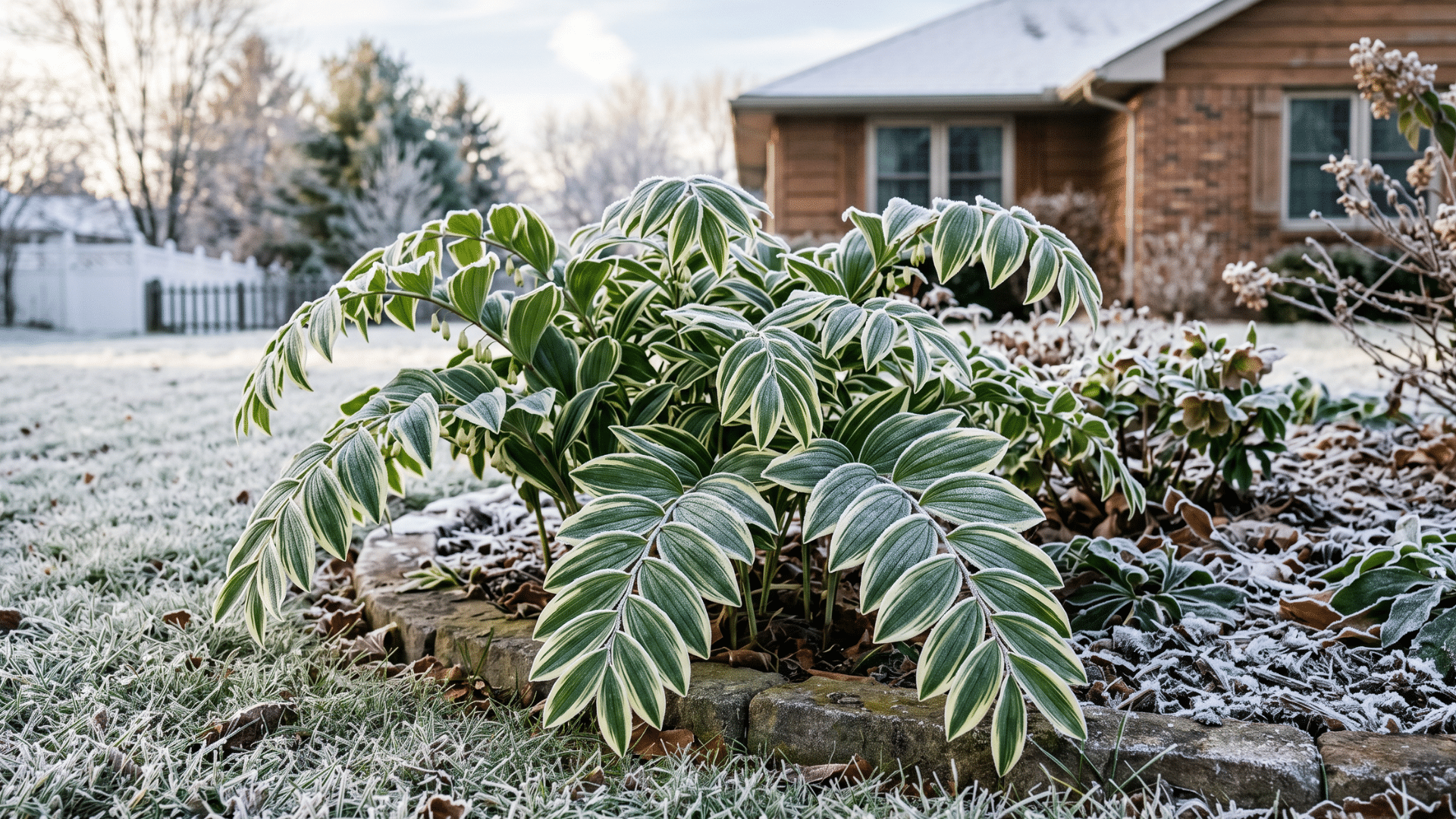 solomon's seal plant with frost on its leaves sits in a garden bed in front of a brick house dusted with snow.