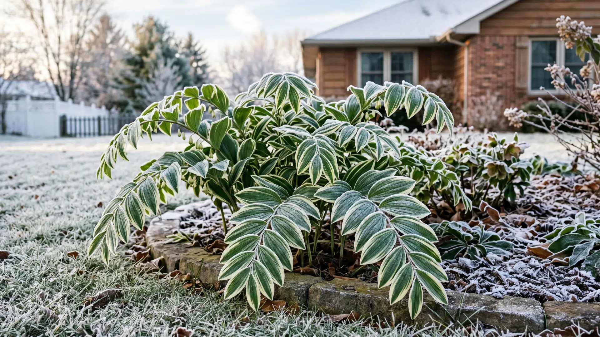 solomon's seal plant with frost on its leaves sits in a garden bed in front of a brick house dusted with snow.