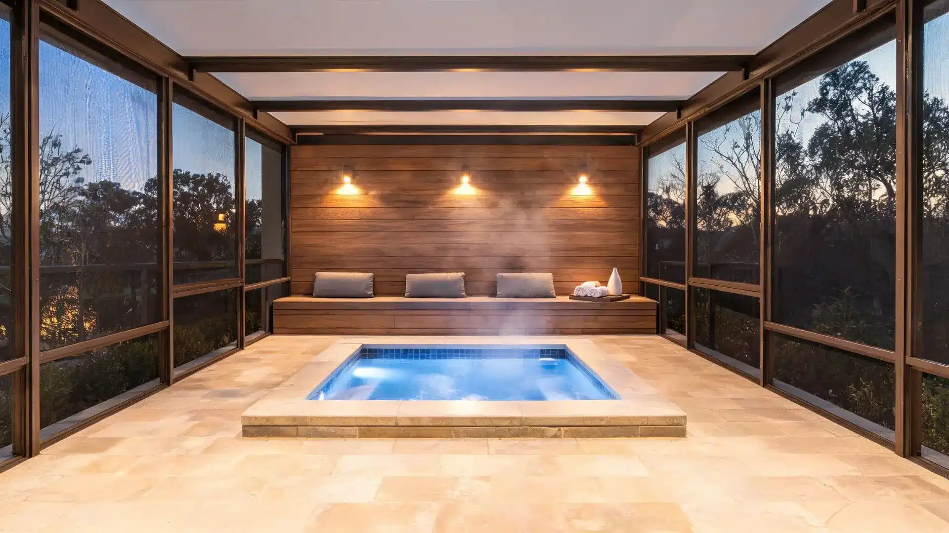 square inground hot tub with steam rising set in stone tile below a cedar bench with three wall sconces