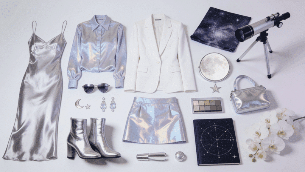 spacecore aesthetic featuring metallic clothing celestial jewelry holographic accessories and cosmic fashion