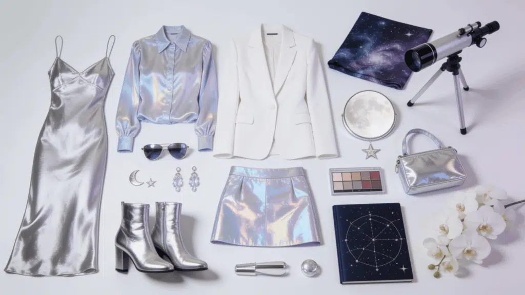 spacecore aesthetic featuring metallic clothing celestial jewelry holographic accessories and cosmic fashion