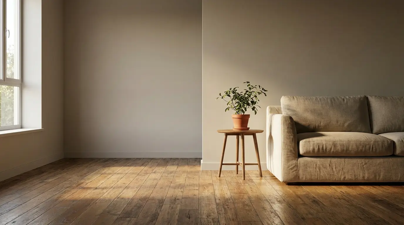 Beige sofa and potted plant on wooden table in sunlit living room with wooden floor