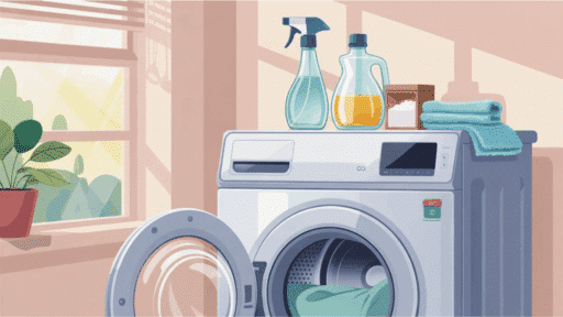 sparkling clean front load washing machine in a bright laundry room with white vinegar and baking soda on top