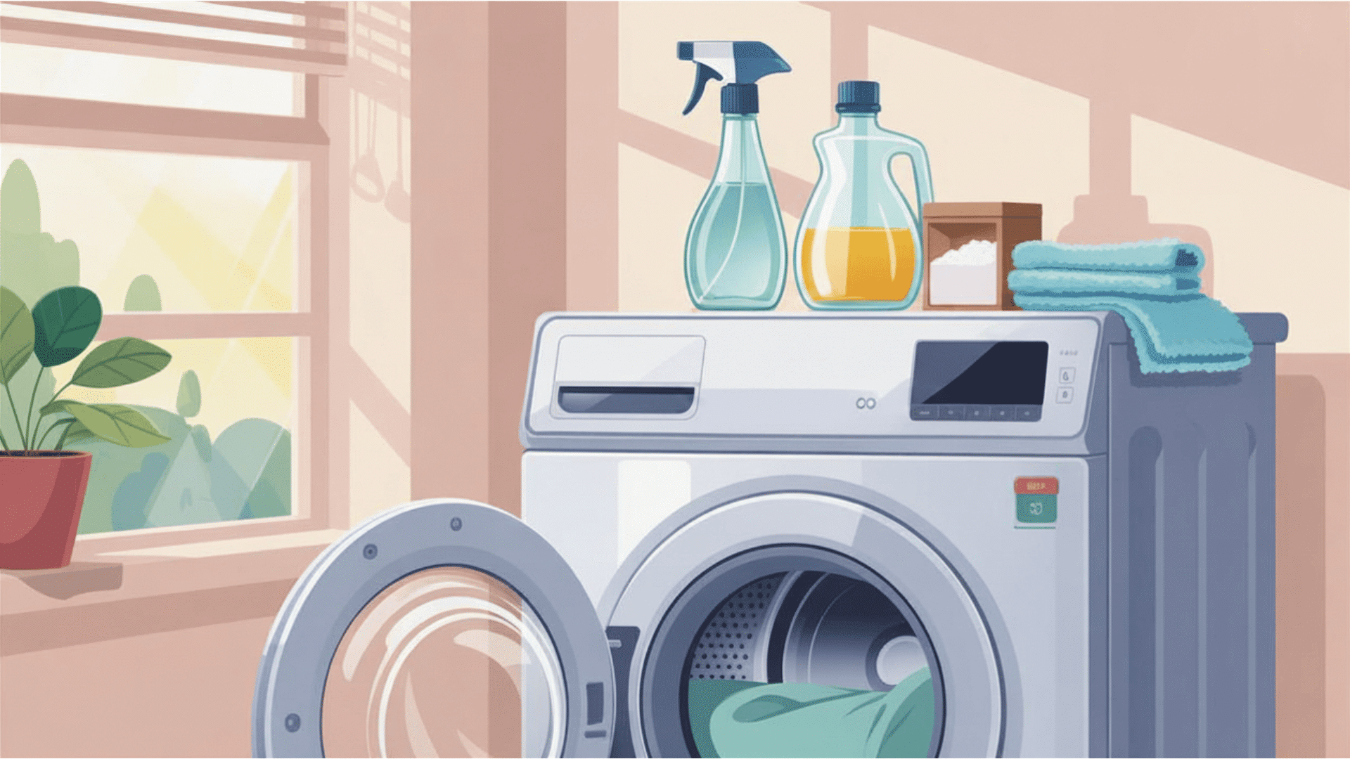sparkling clean front load washing machine in a bright laundry room with white vinegar and baking soda on top