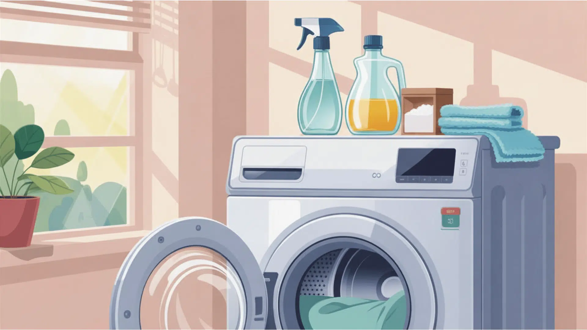 sparkling clean front load washing machine in a bright laundry room with white vinegar and baking soda on top