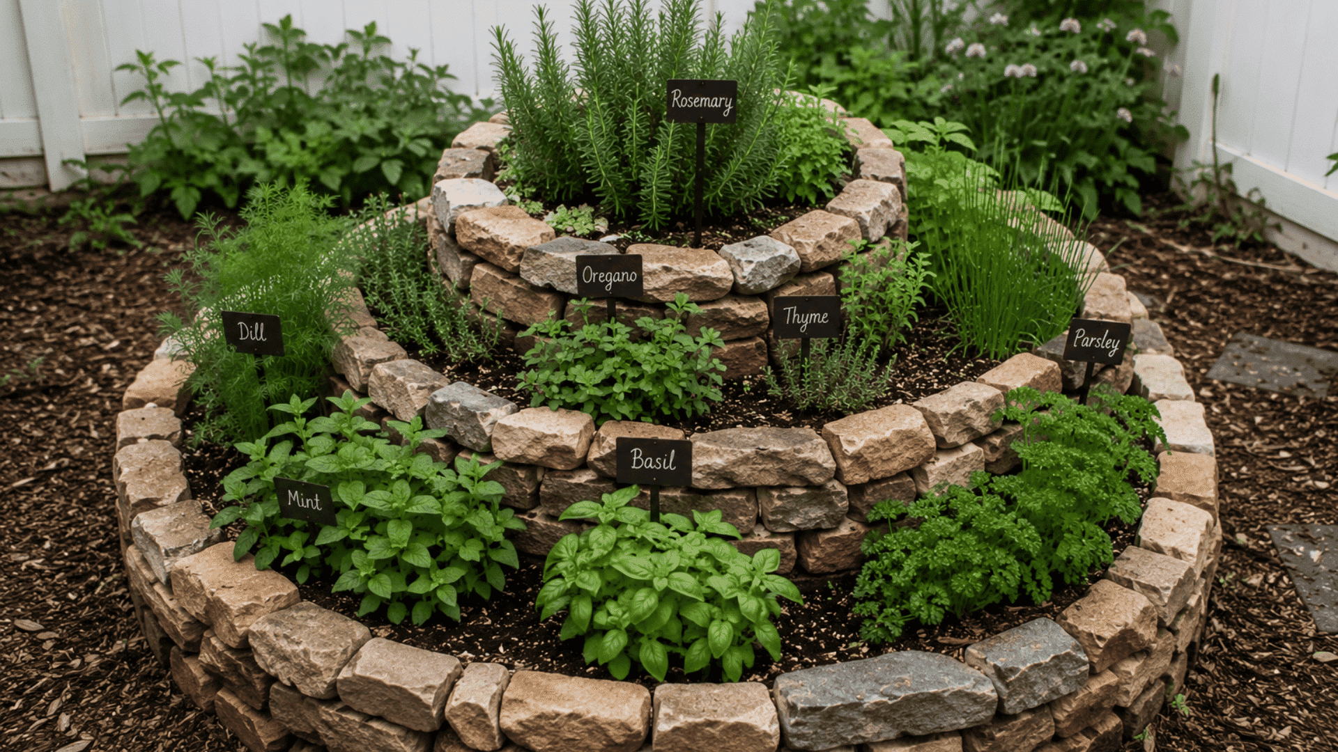 spiral herb garden with raised circular structure and varied growing conditions