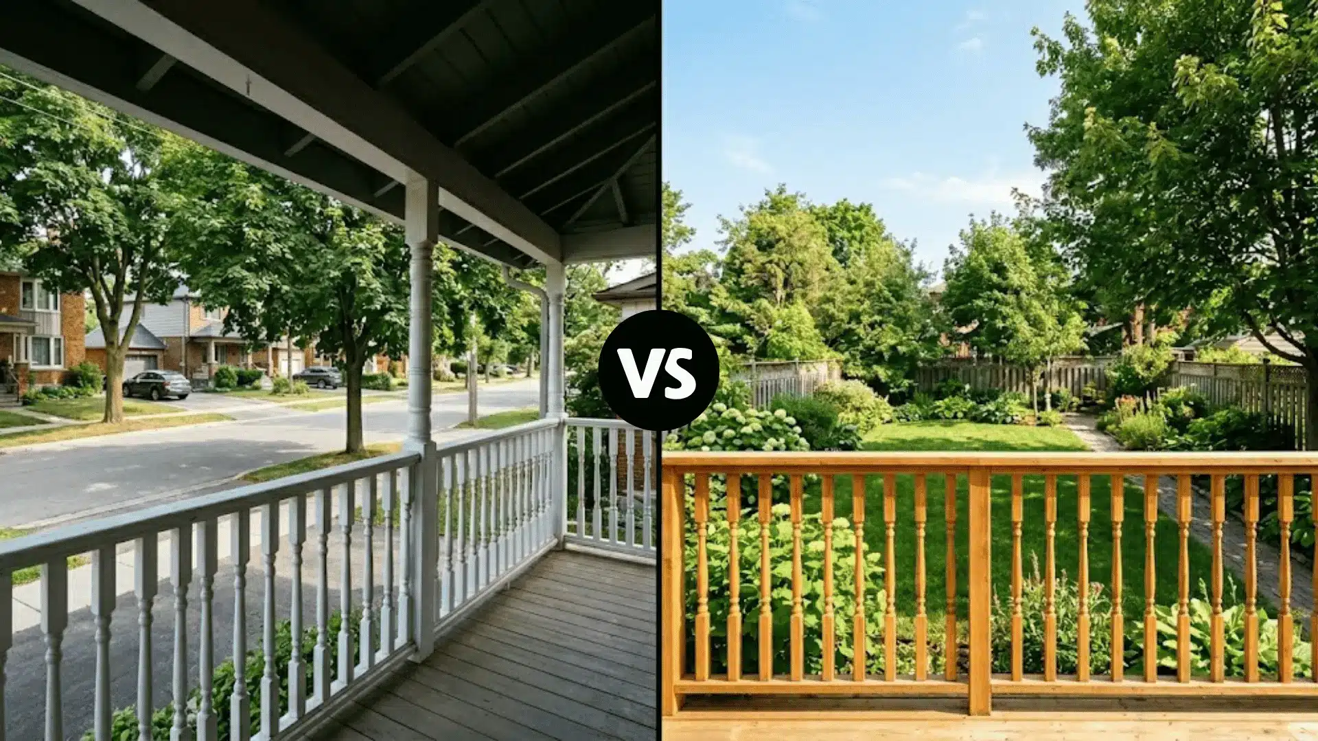 split image showing a shaded porch railing overlooking a street and a sun-lit deck railing overlooking a backyard