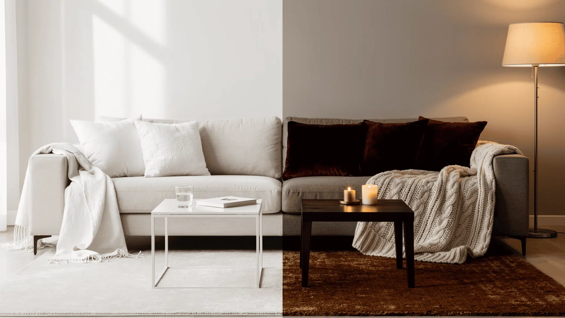 split image showing the same sofa in a light airy summer setting with white linen cushions on the left and a cosy winter setup with deep burgundy velvet cushions a cable knit throw and candlelight
