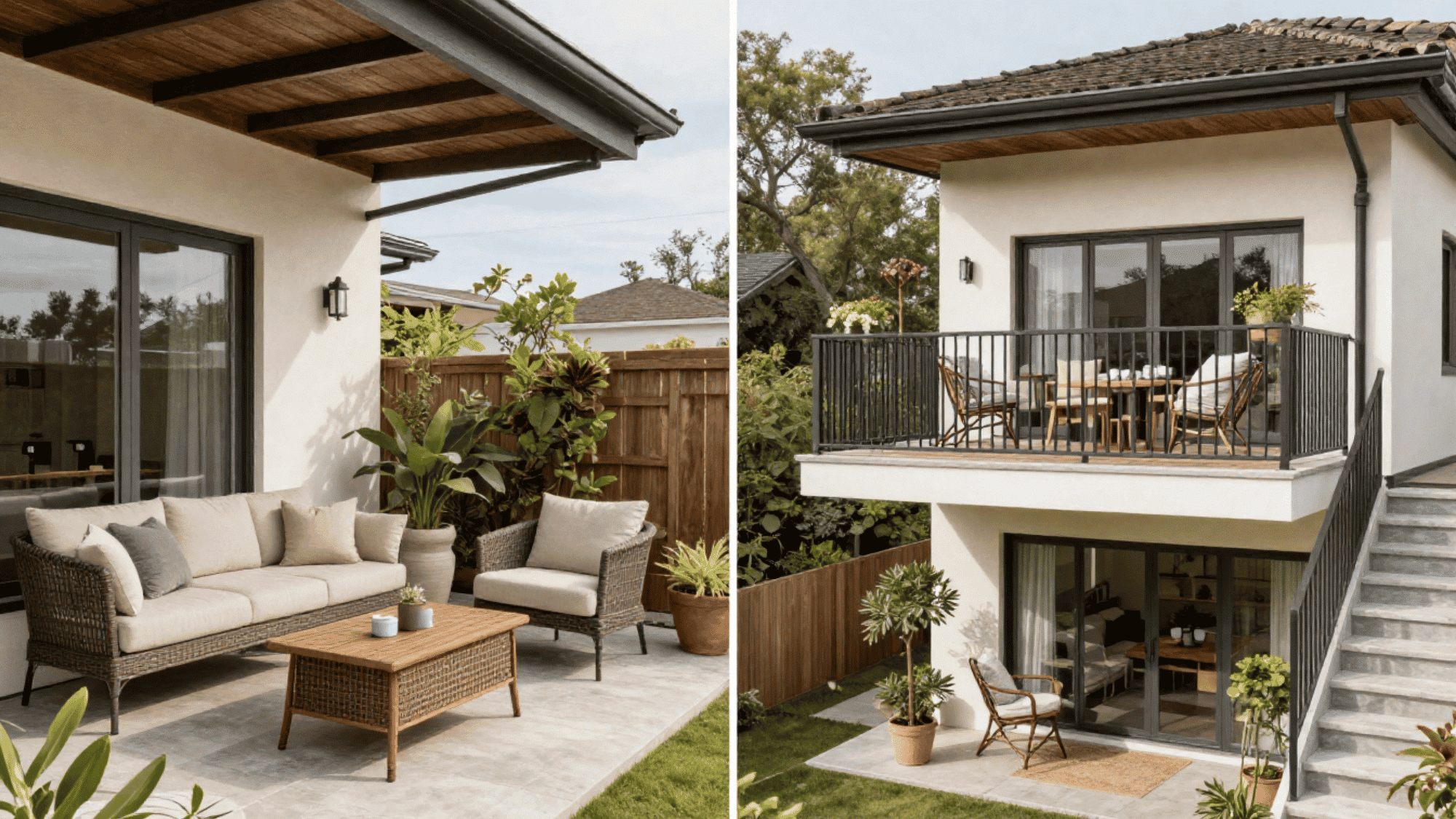 split view of a cozy ground level patio and a styled elevated balcony to help homeowners find their perfect outdoor space
