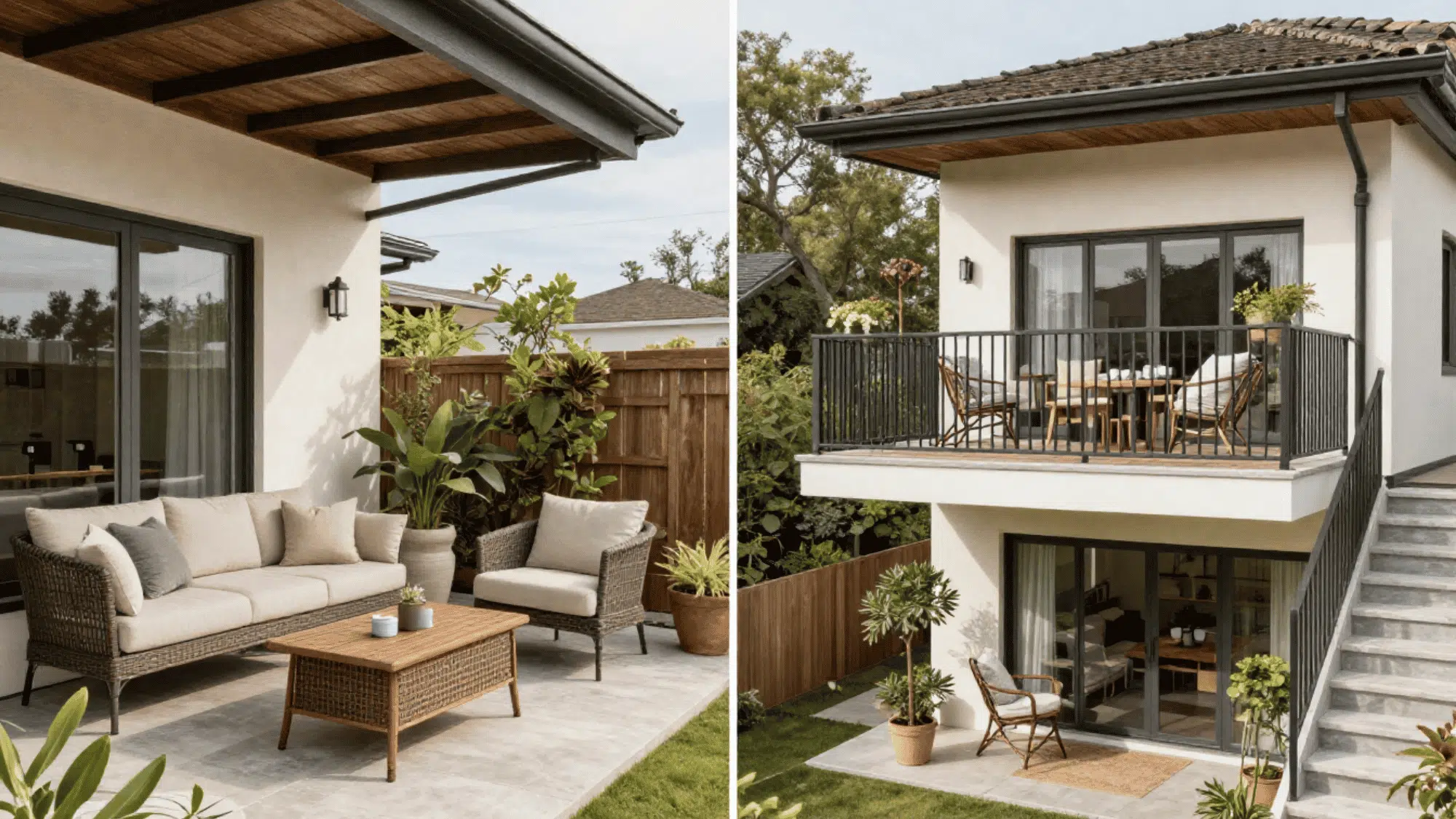 split view of a cozy ground level patio and a styled elevated balcony to help homeowners find their perfect outdoor space