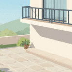 split view of a ground level stone patio beside an elevated apartment balcony with railing flat vector illustration