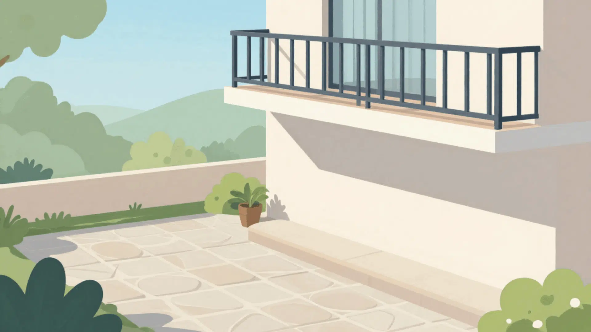 split view of a ground level stone patio beside an elevated apartment balcony with railing flat vector illustration