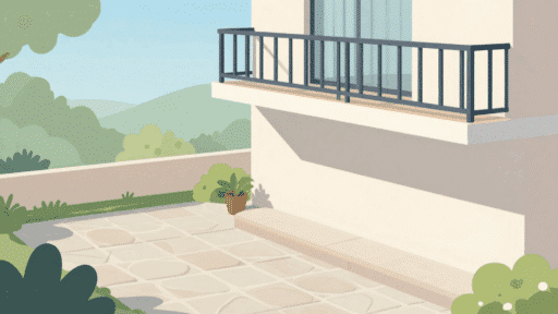 split view of a ground level stone patio beside an elevated apartment balcony with railing flat vector illustration