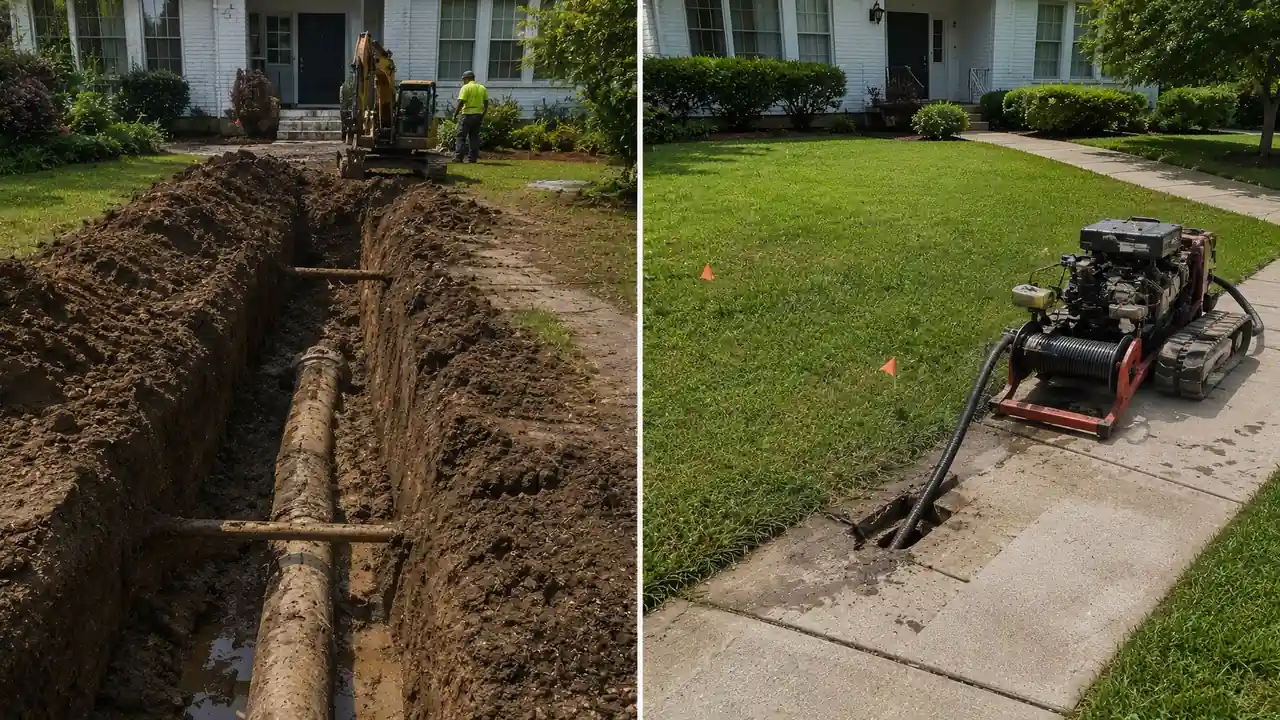 split view showing traditional sewer trench digging beside modern trenchless sewer repair on suburban front yard