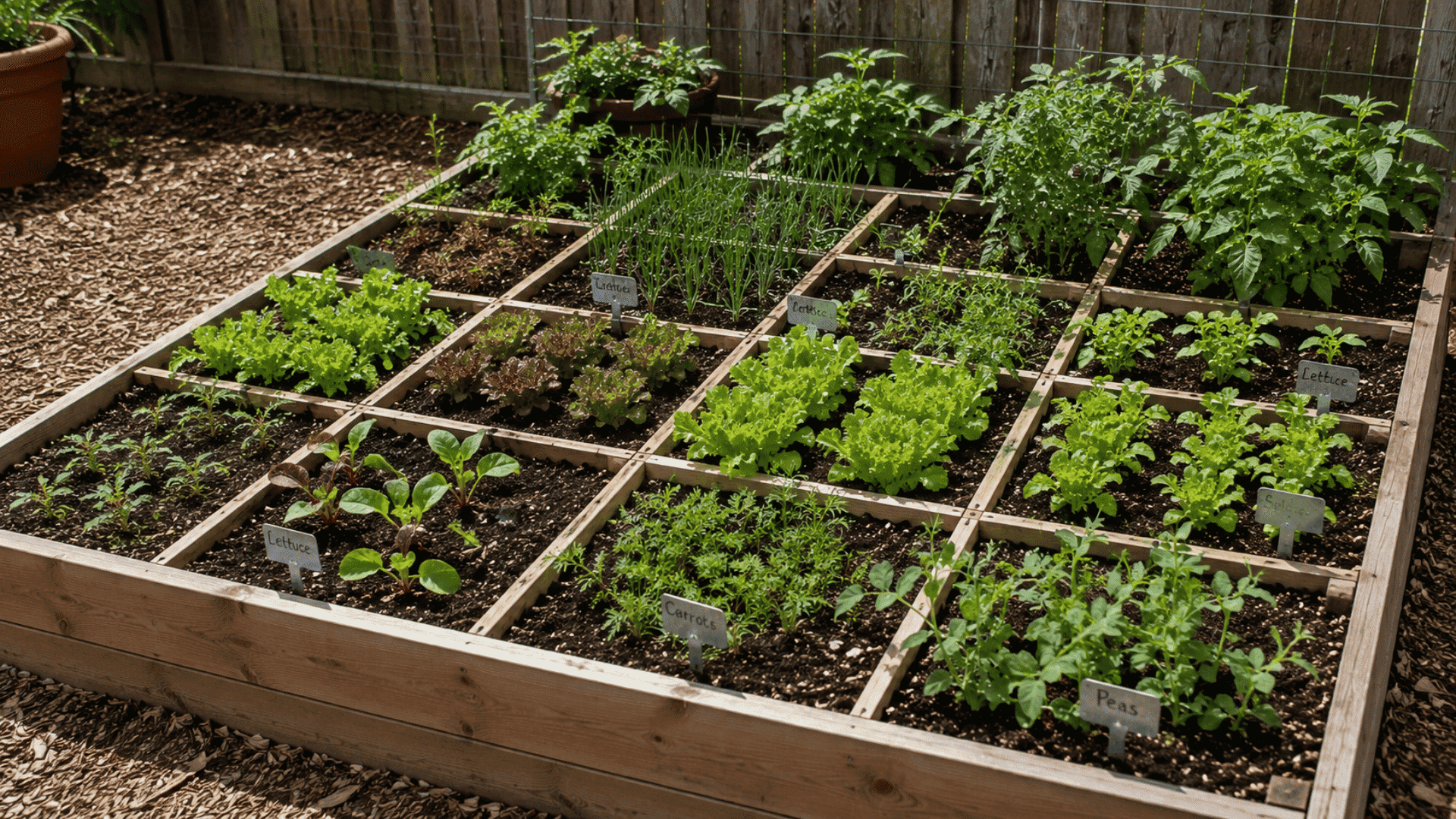 square foot vegetable garden using grid sections for efficient crop spacing