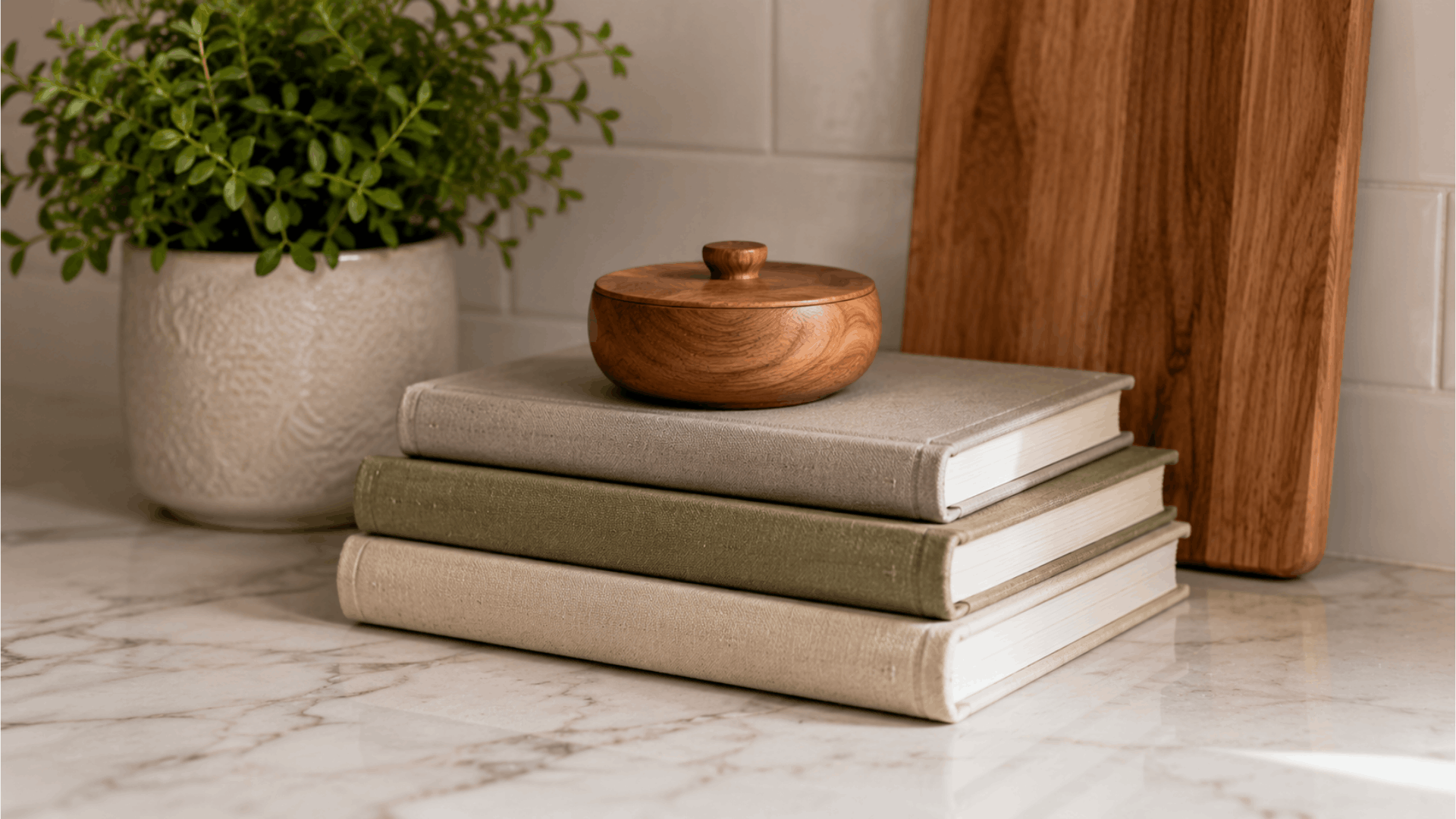 stacked neutral toned cookbooks with a wooden decorative box on a marble kitchen countertop beside greenery and cutting board