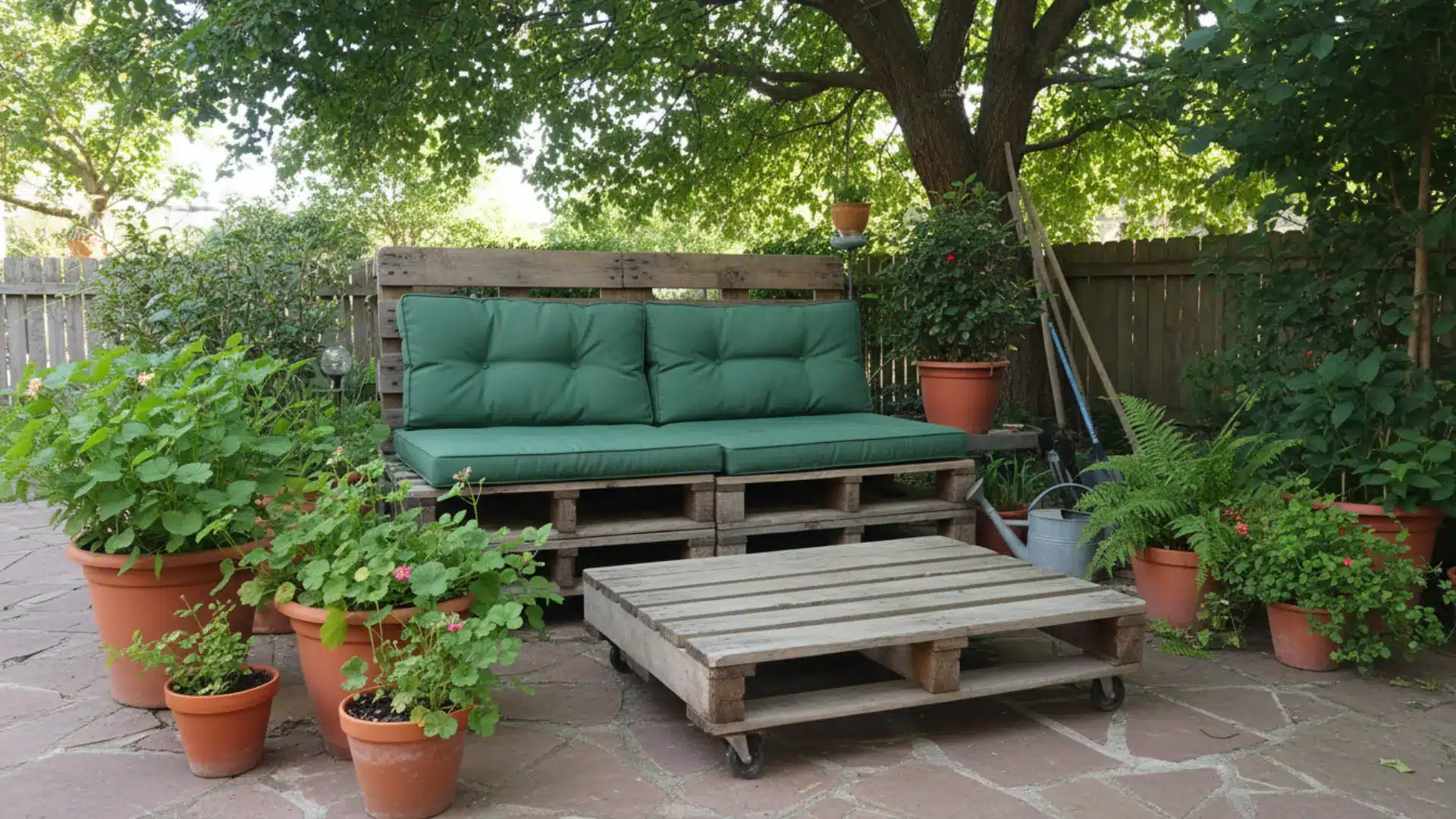 stacked wooden pallets used as a sofa base with outdoor cushions and a flat pallet coffee table on a small backyard patio with terracotta pots and plants in natural daylight
