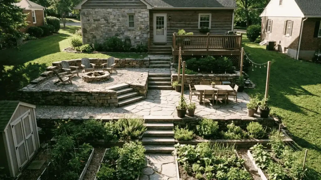 terraced backyard with a fire pit dining terrace and garden bed on separate levels