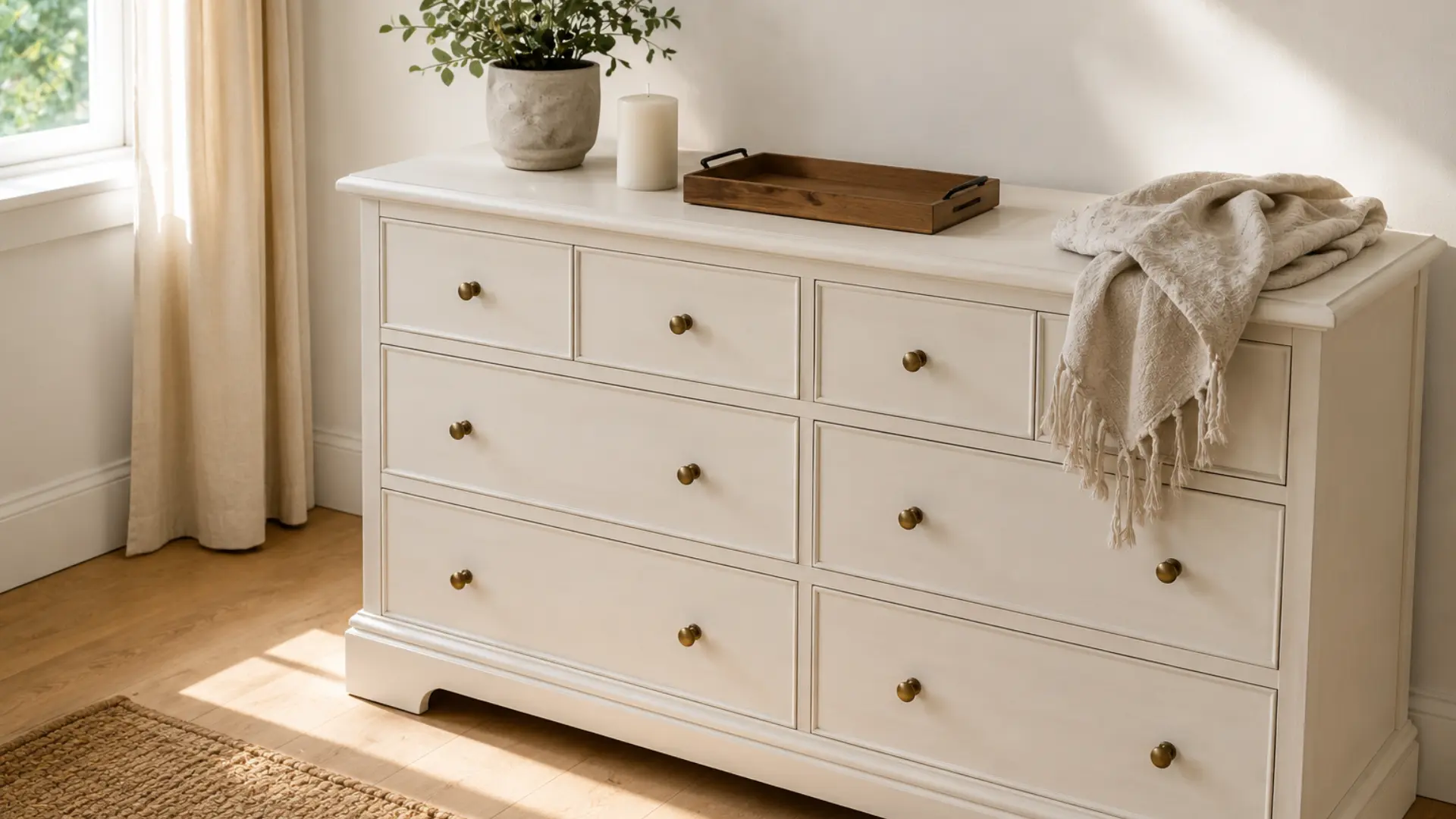 a realistic lifestyle photograph of a beautifully staged solid wood dresser freshly painted in warm off-white chalk paint positioned in a bright minimal home corner, with a small potted plant, a single white pillar candle, and a simple wooden tray arranged on top with intentional negative space between them, a folded linen throw draped casually over one corner, light oak floors, white walls, and warm afternoon sunlight streaming in from the left giving the composition an editorial and aspirational feel