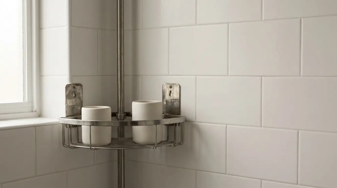 Wall-mounted metal shower caddy with white candles in tiled bathroom corner