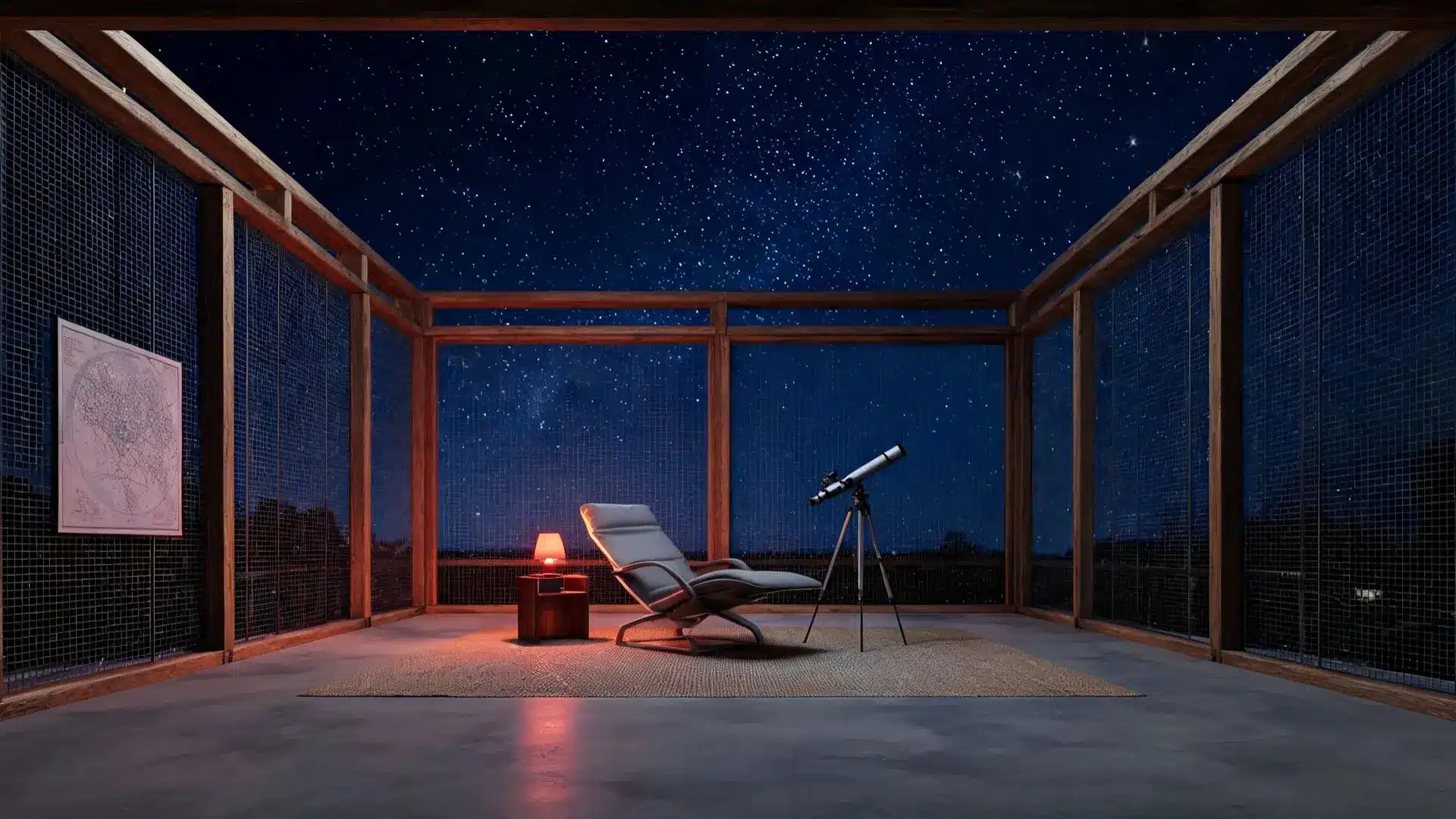 reclining lounge chair beside a telescope on a tripod under an open mesh ceiling revealing a starry sky