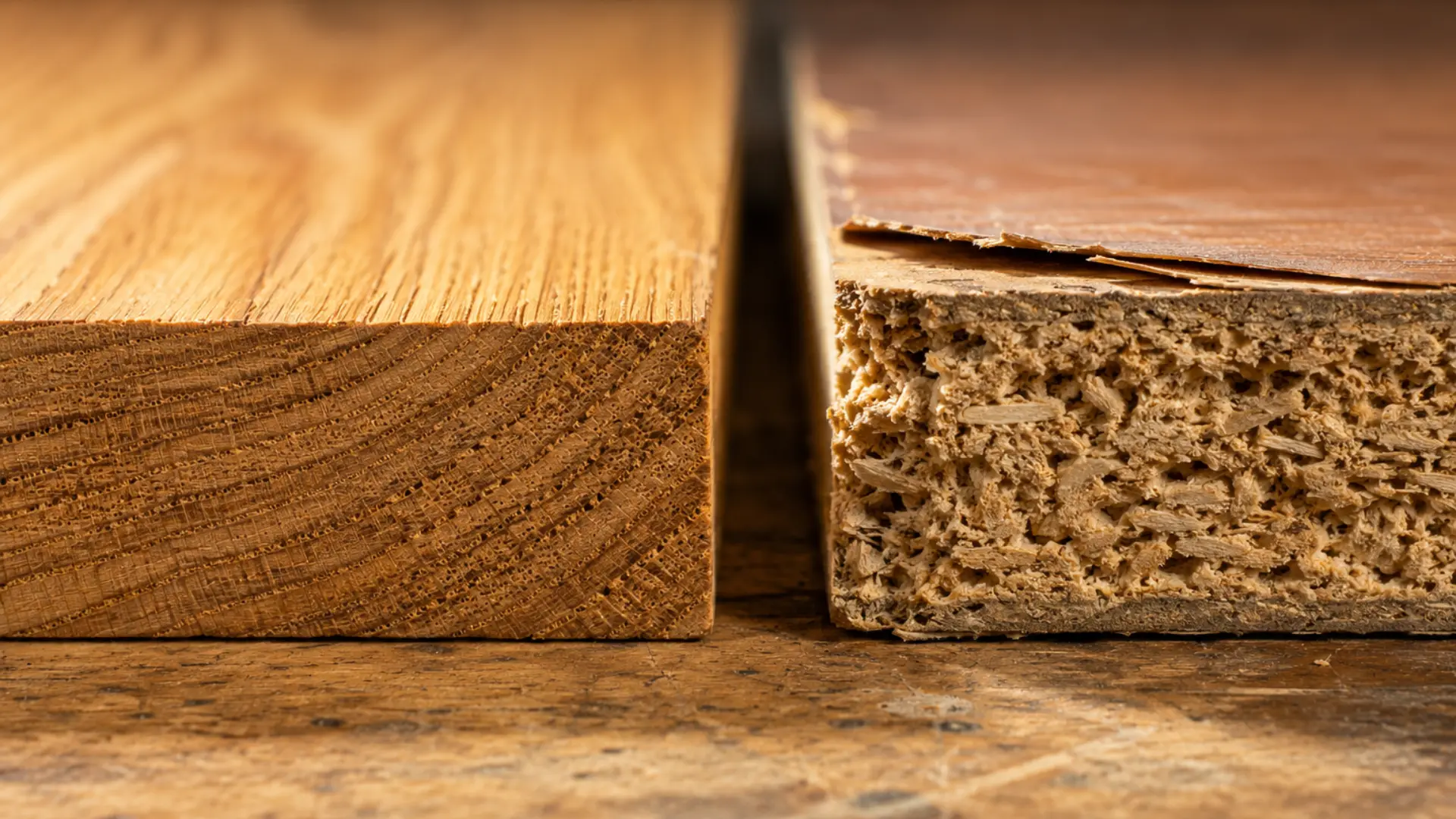 a close-up split comparison photograph on a natural light wooden workbench showing a cross section edge of a solid oak wood plank on the left with rich visible wood grain, tight rings, and a warm honey tone placed directly beside a cross section of particle board on the right with its characteristic rough crumbling compressed sawdust texture and laminate veneer peeling slightly at the top edge, under warm directional workshop lighting that dramatically highlights the texture differences between the two materials