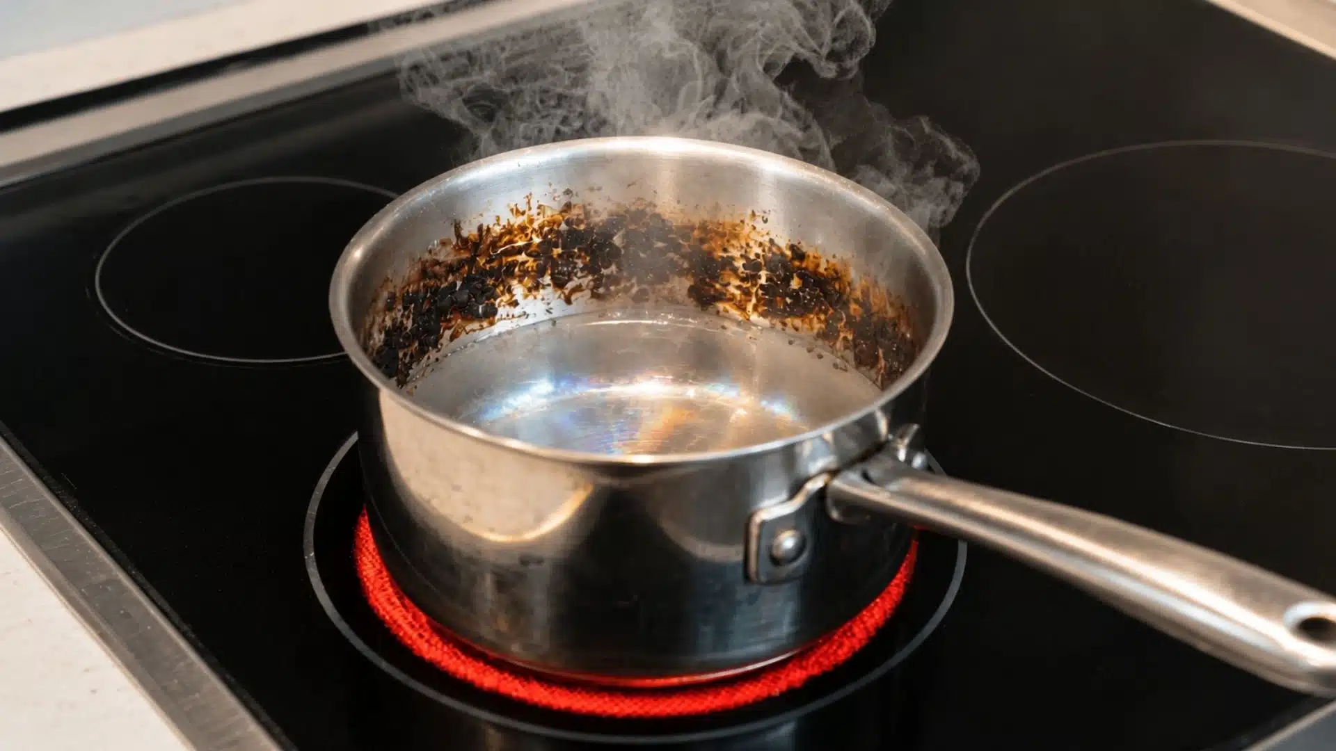 stainless steel saucepan with burnt food residue and rising steam sitting on glowing red electric stovetop burner