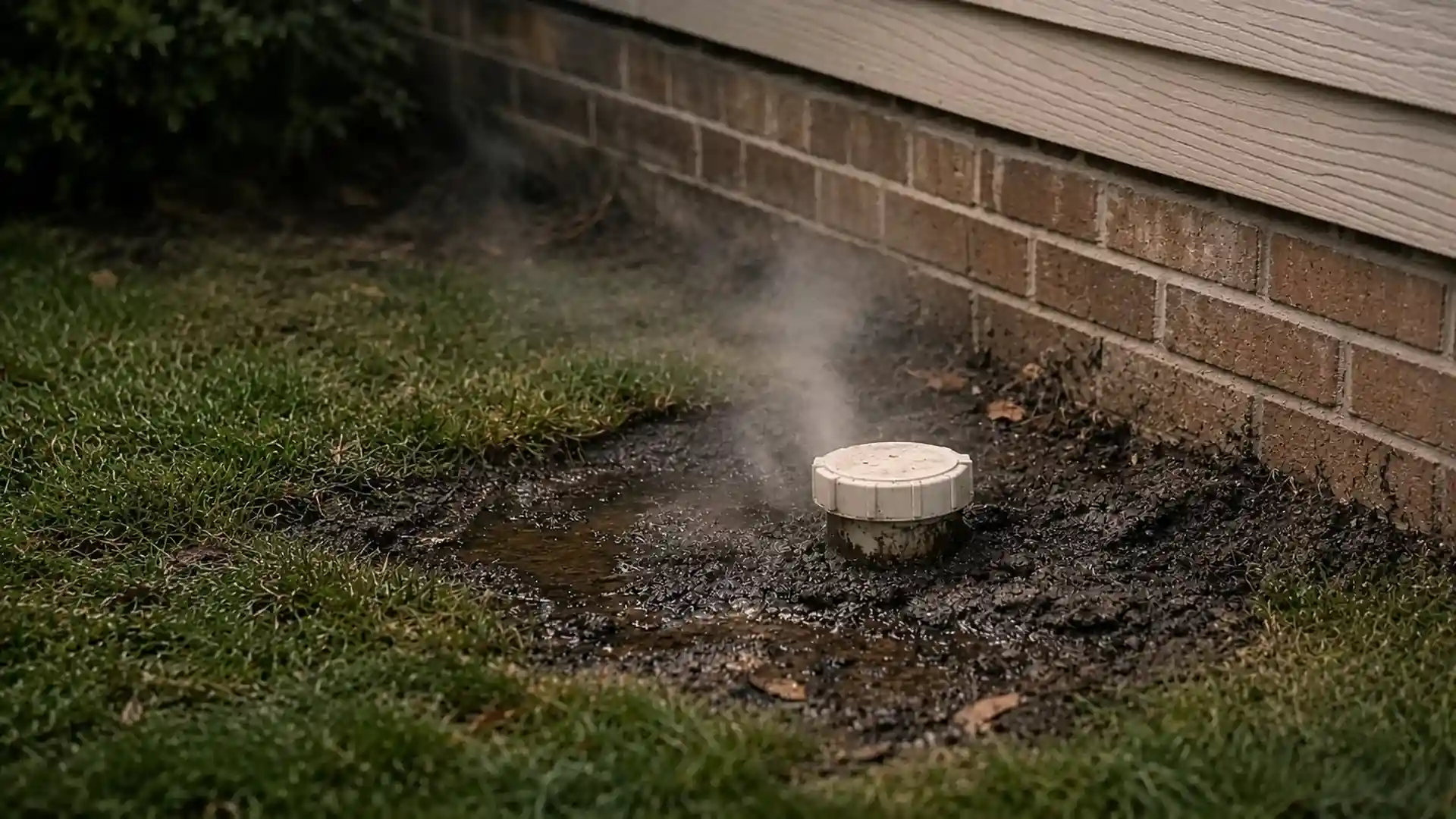 steam rising from a muddy sewer cleanout beside a house foundation with wet ground and grass nearby
