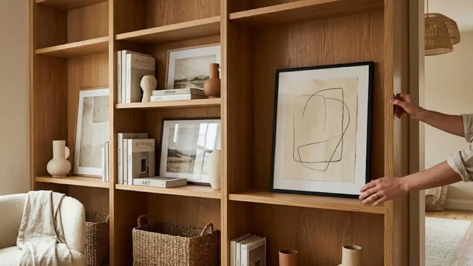 person placing a framed abstract print on a wooden built-in bookshelf styled with books and a woven basket