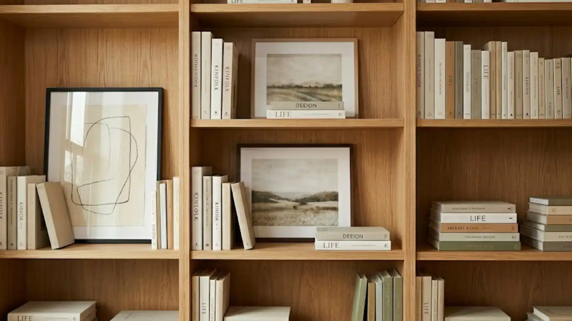 wooden built-in bookshelf with neutral books stacked horizontally and vertically alongside leaning framed prints