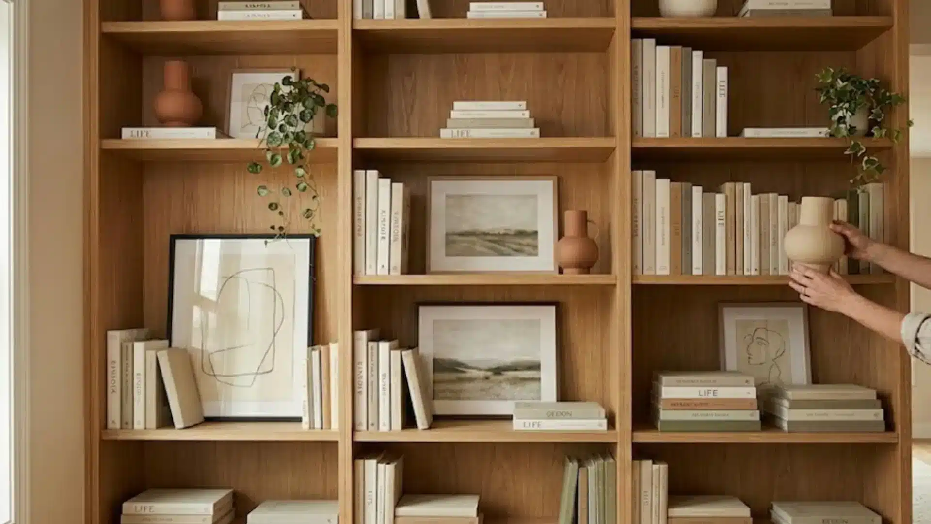 person placing a ceramic vase on a wooden bookshelf styled with trailing plants, framed art, and stacked books