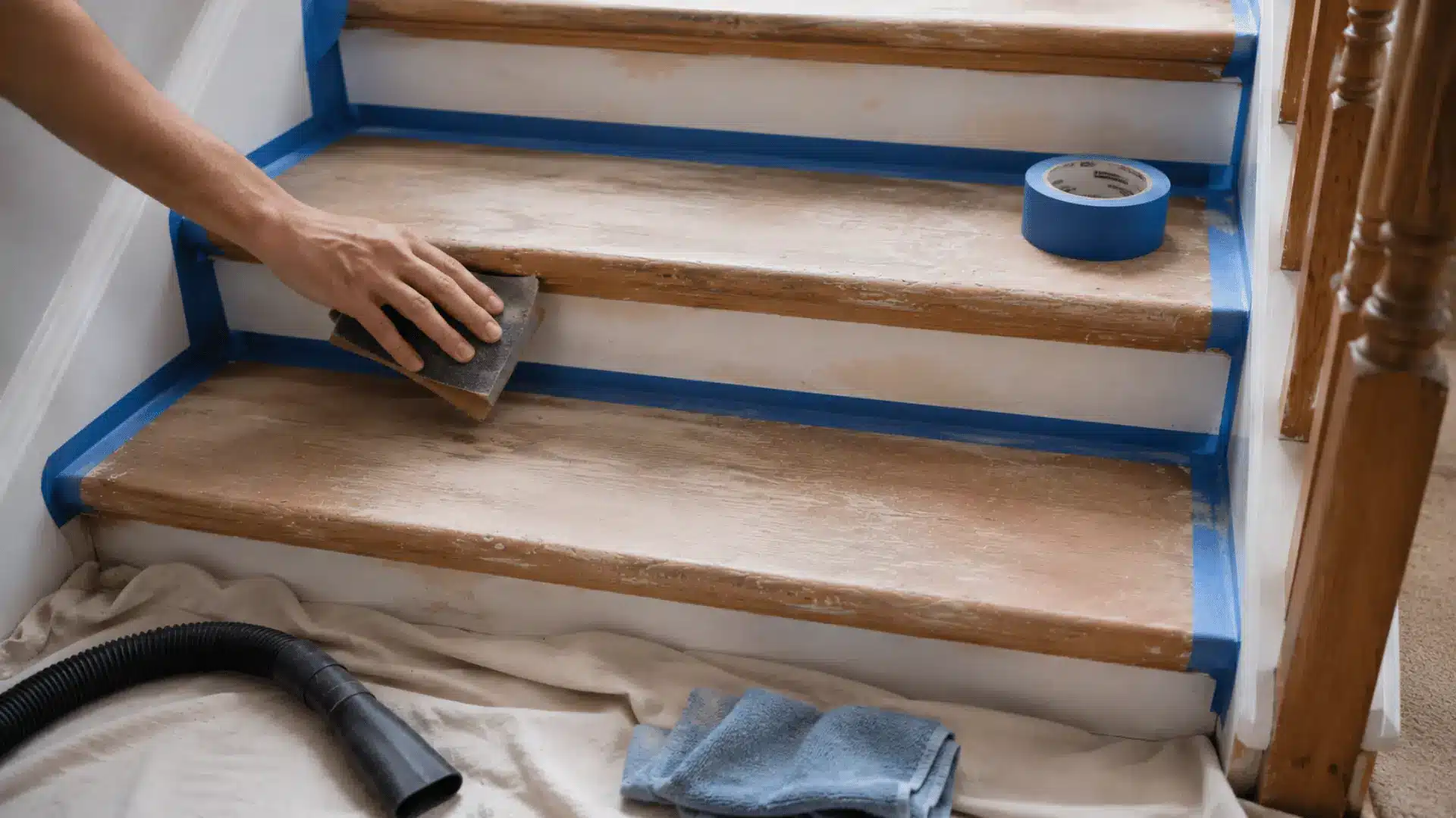 hand sanding taped wooden stairs with painter tape along edges before primer and paint