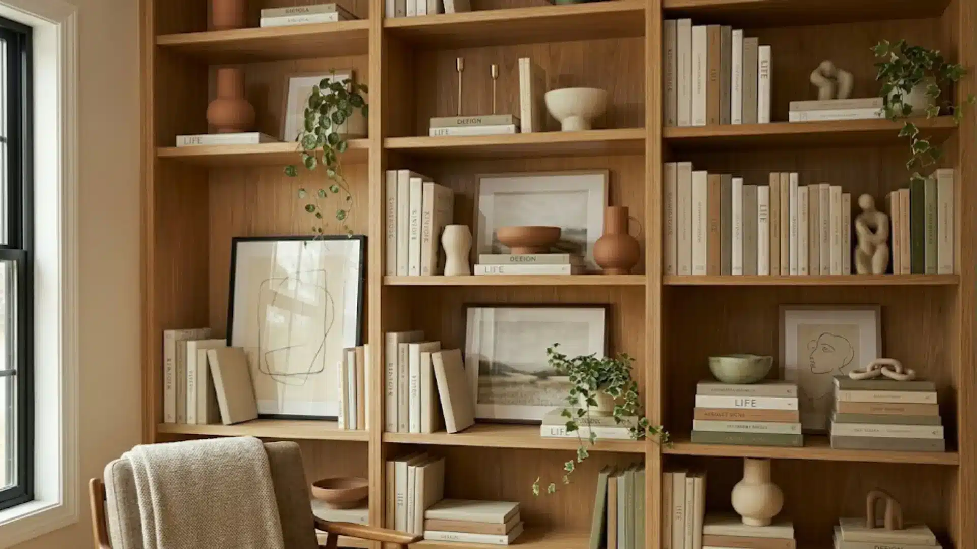 wooden bookshelf layered with ceramic vases, trailing plants, framed art, sculptures, and stacked books