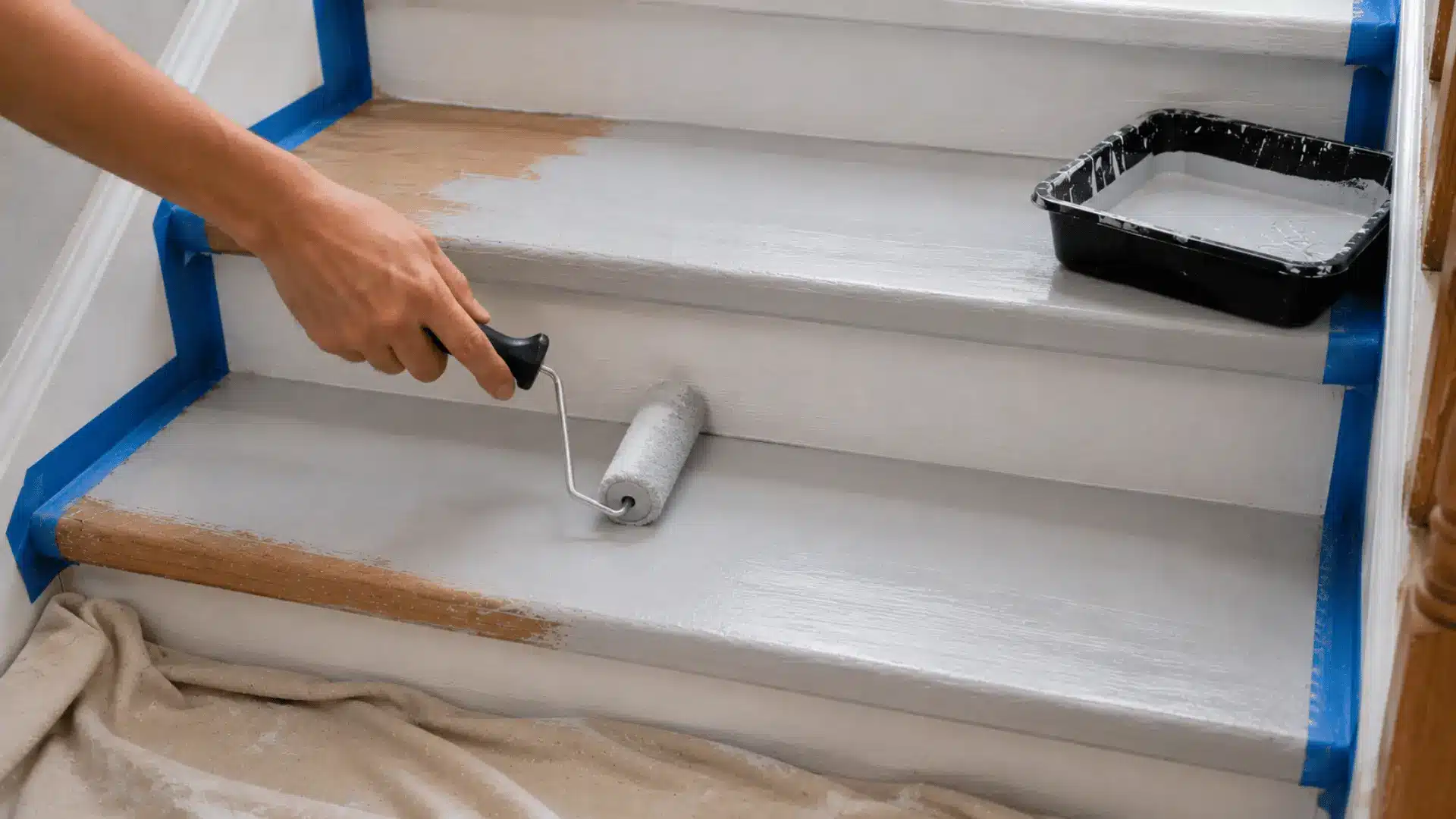 hand applying gray primer to taped wooden stairs with a brush before the paint coats